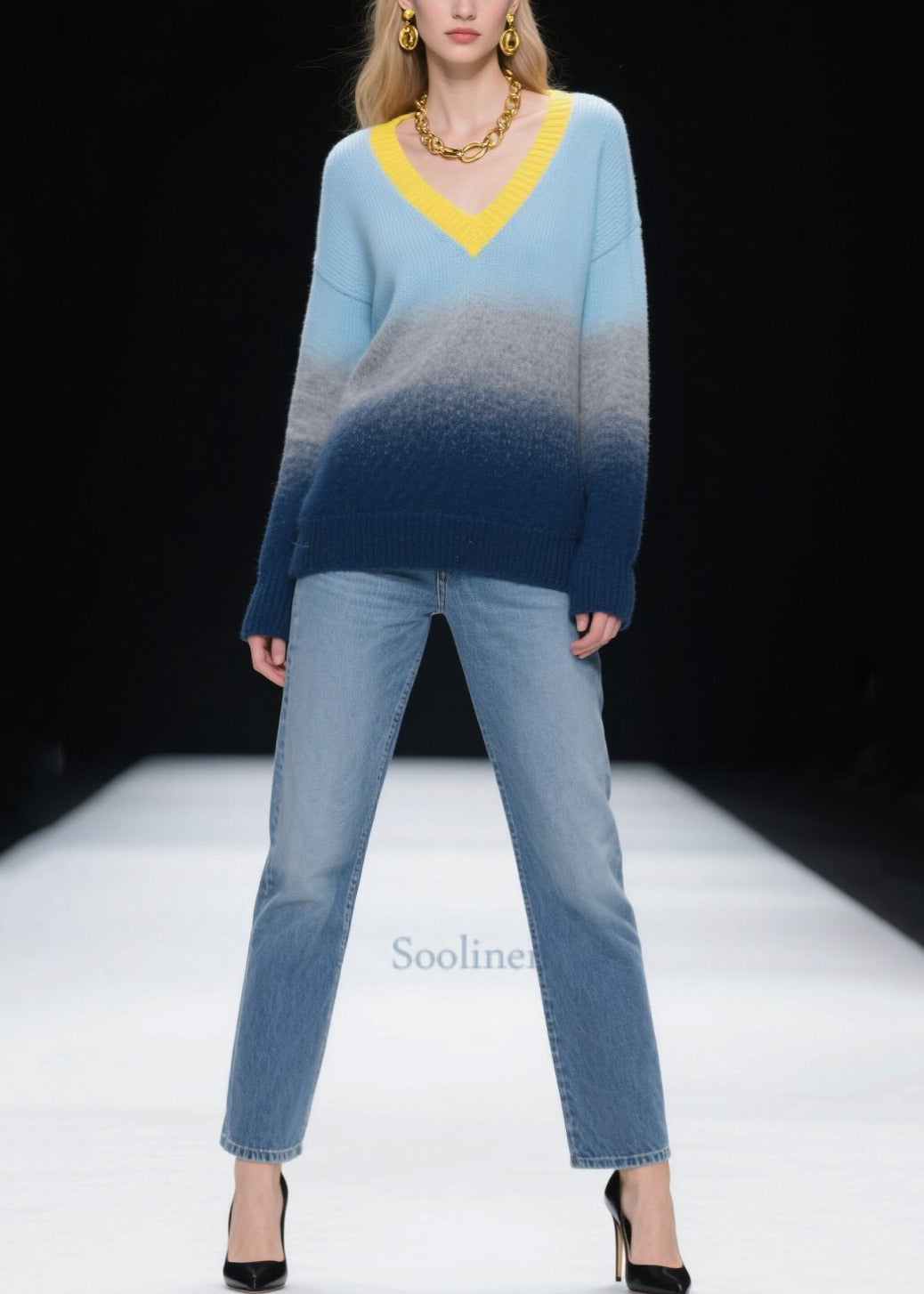 Mixed Color V Neck Warm Knitted Tops Winter
