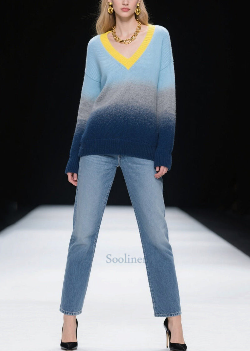 Mixed Color V Neck Warm Knitted Tops Winter
