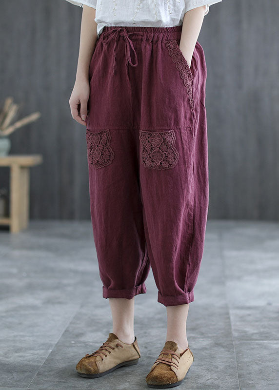 Mulberry Hollow Out Lace Patchwork Linen Harem Pants Fall