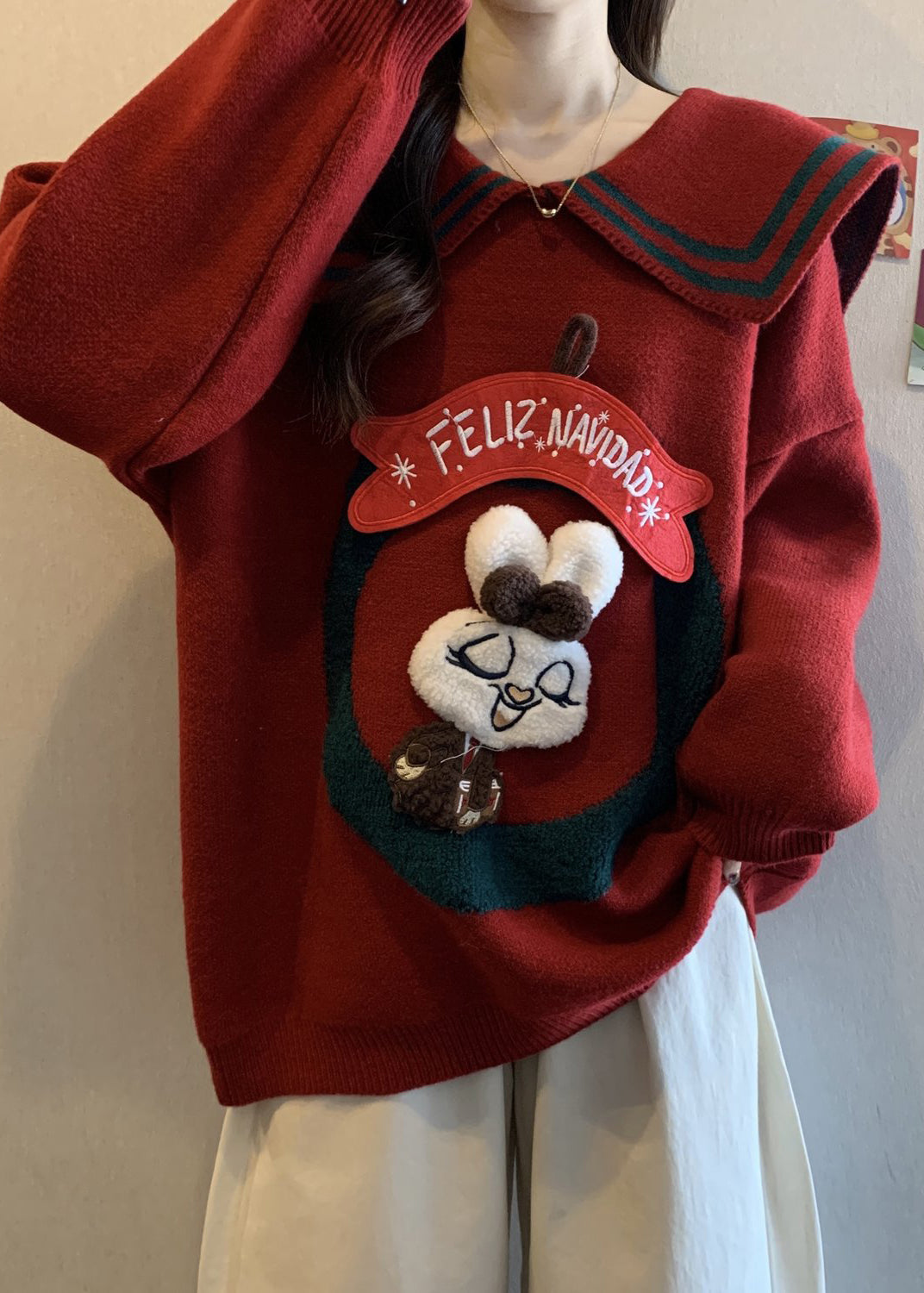 Mulberry Peter Pan Collar Rabbit Knit Pullover Winter