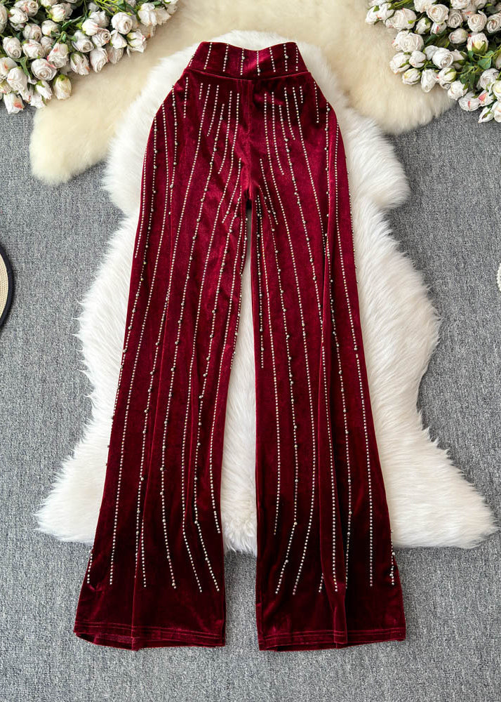 Mulberry Striped Zircon Silk Velvet Wide Leg Pants Spring