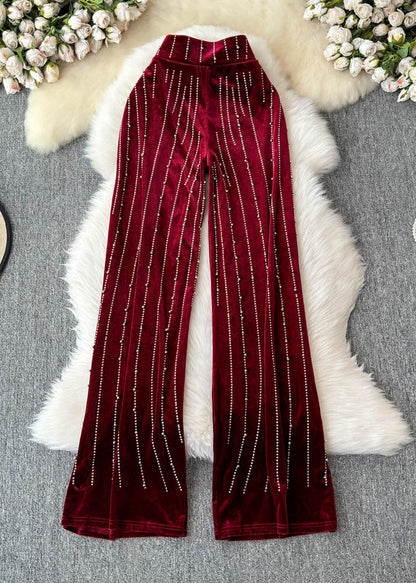 Mulberry Striped Zircon Silk Velvet Wide Leg Pants Spring
