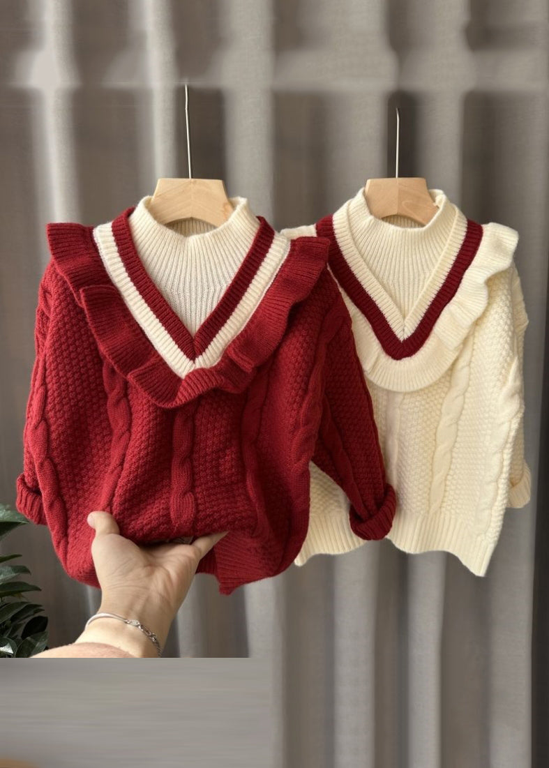 Mulberry Turtleneck Patchwork Fake Two Pieces Cotton Knit Kids Sweater Spring