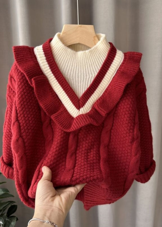 Mulberry Turtleneck Patchwork Fake Two Pieces Cotton Knit Kids Sweater Spring