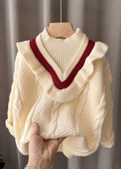 Mulberry Turtleneck Patchwork Fake Two Pieces Cotton Knit Kids Sweater Spring