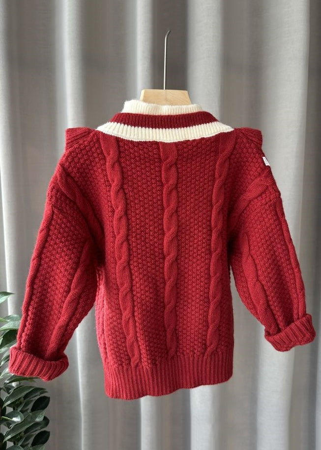 Mulberry Turtleneck Patchwork Fake Two Pieces Cotton Knit Kids Sweater Spring