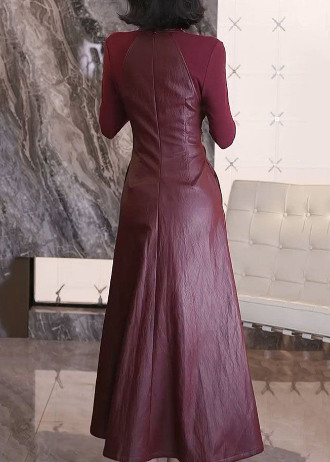 Mulberry V Neck Patchwork Faux Leather Dresses Spring