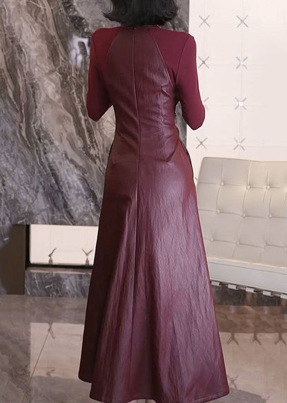 Mulberry V Neck Patchwork Faux Leather Dresses Spring