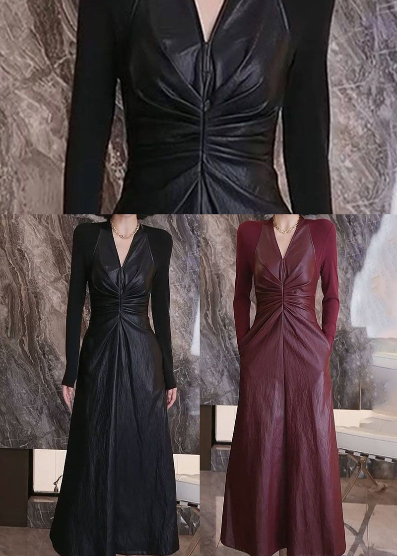 Mulberry V Neck Patchwork Faux Leather Dresses Spring