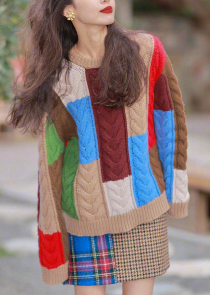 Multicolor O Neck Thick Knit Sweater Fall