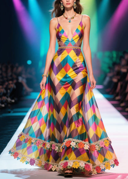 Multicolour Plaid Flower Decorated Chiffon Robe Dresses Summer