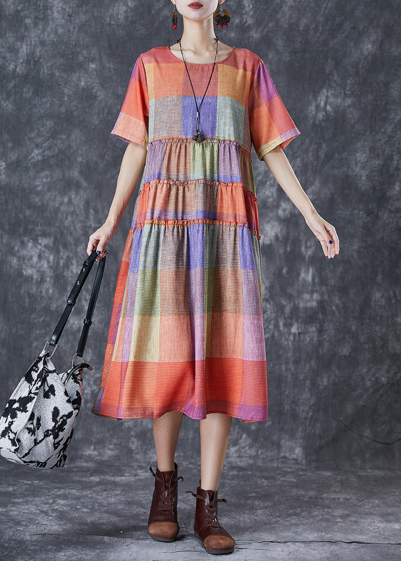 Multicolour Plaid Ruffled Cotton Long Dress Summer
