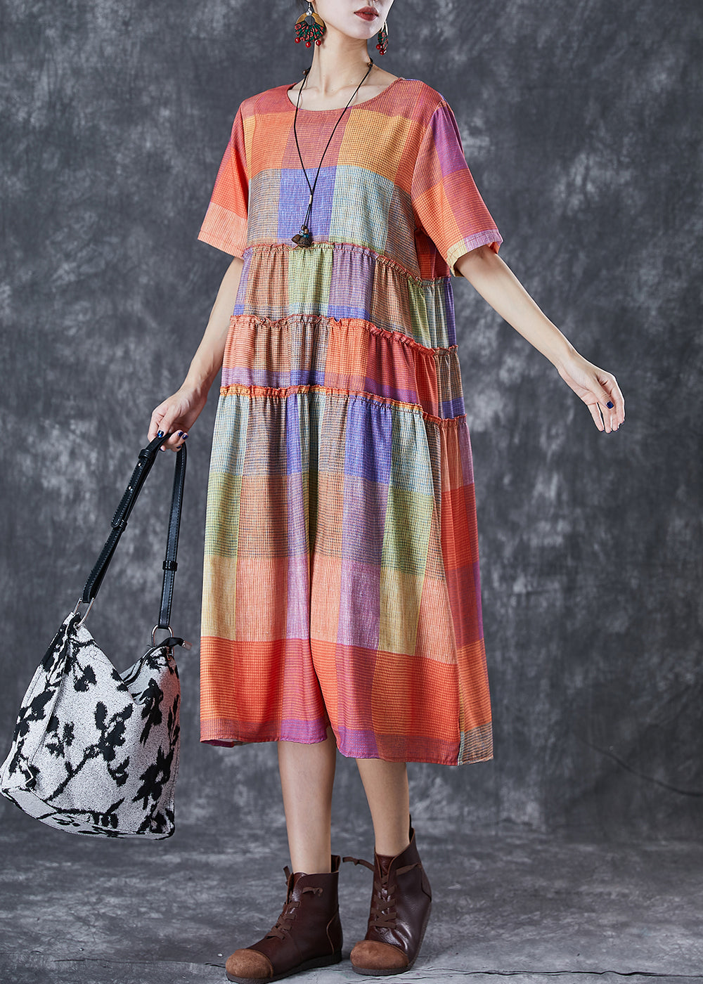 Multicolour Plaid Ruffled Cotton Long Dress Summer
