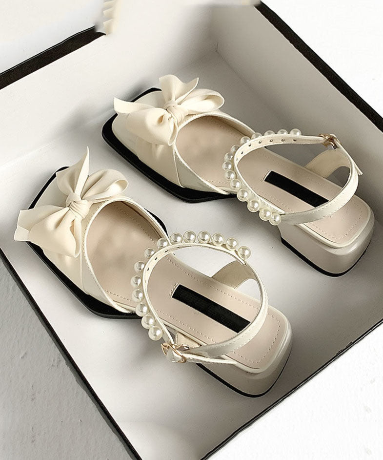 Nail Bead Bow Splicing Chunky Sandals Khaki Faux Leather