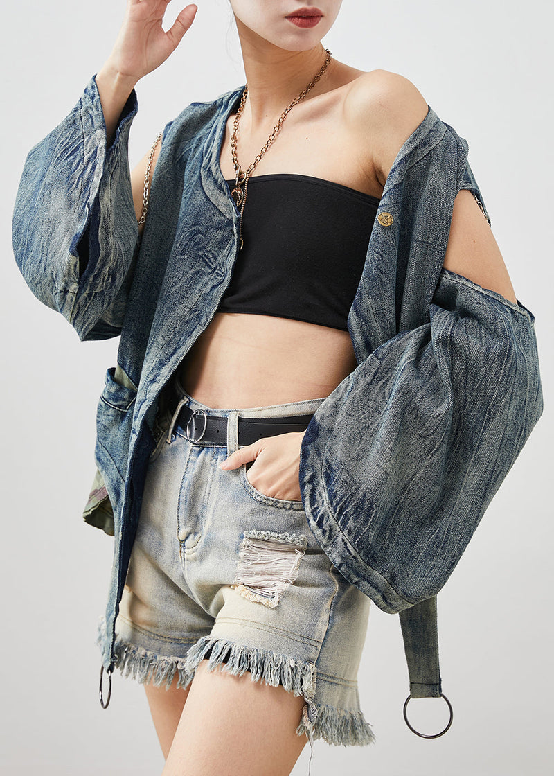 Navy Asymmetrical Cold Shoulder Denim Jacket Spring