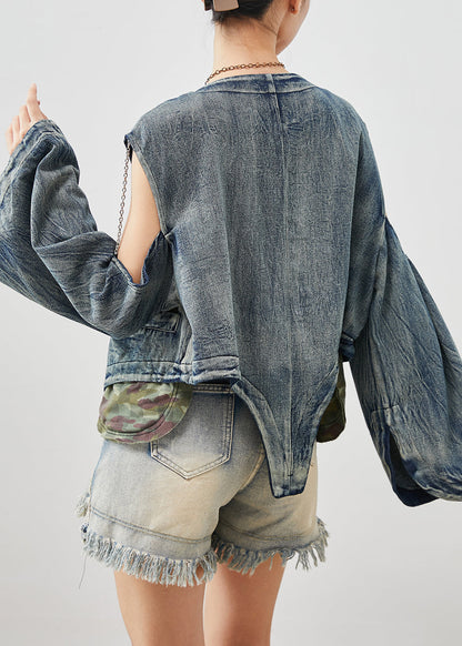 Navy Asymmetrical Cold Shoulder Denim Jacket Spring