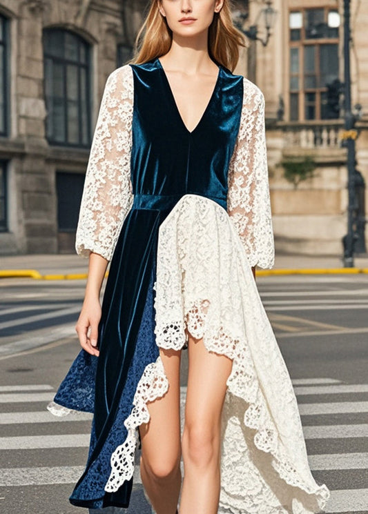 Navy Asymmetrical Lace Patchwork Silk Velvet Dresses Summer