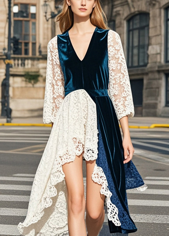 Navy Asymmetrical Lace Patchwork Silk Velvet Dresses Summer