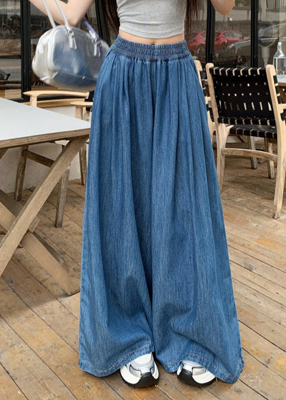 Navy Elastic Waist Denim Wide Leg Pants Summer