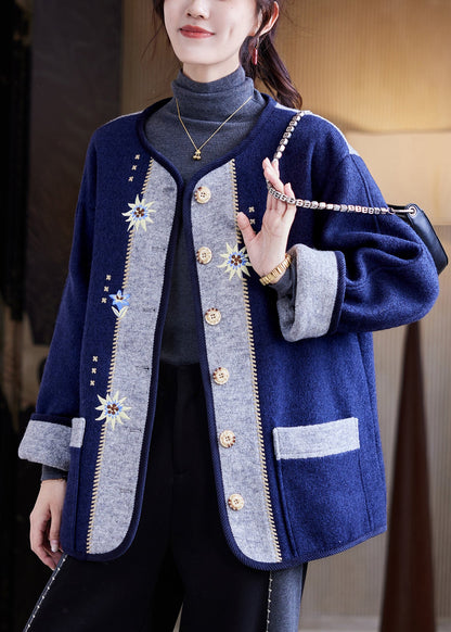 Navy Embroidered Button Woolen Coats Fall