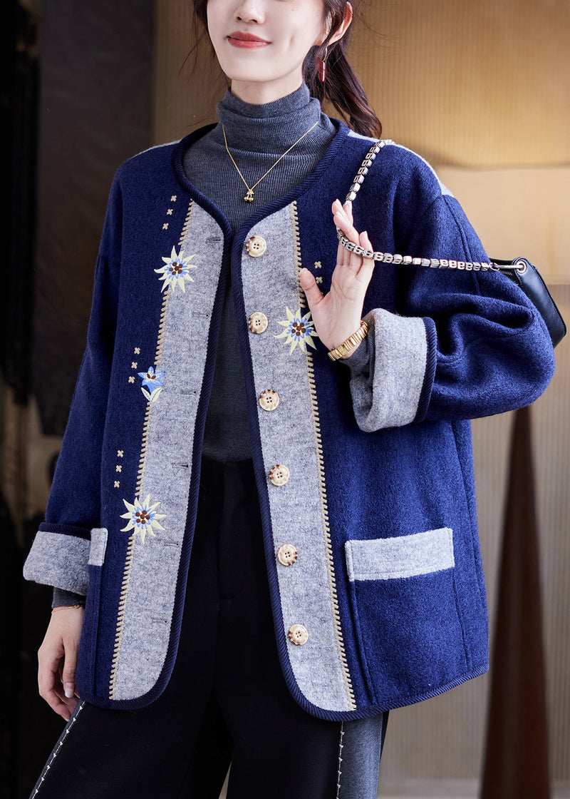 Navy Embroidered Button Woolen Coats Fall