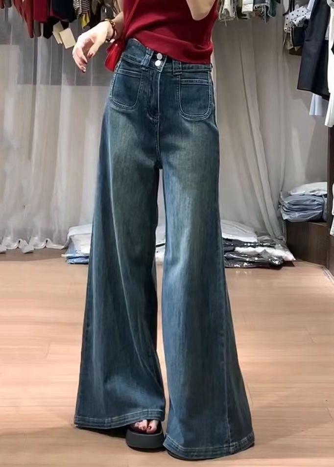 Navy High Waist With Pockets Denim Bell-bottom Trousers Fall
