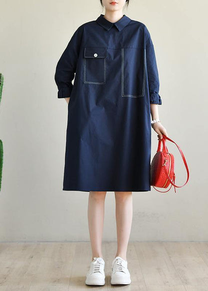 Navy Long Sleeve Peter Pan Collar Cotton Spring Dresses
