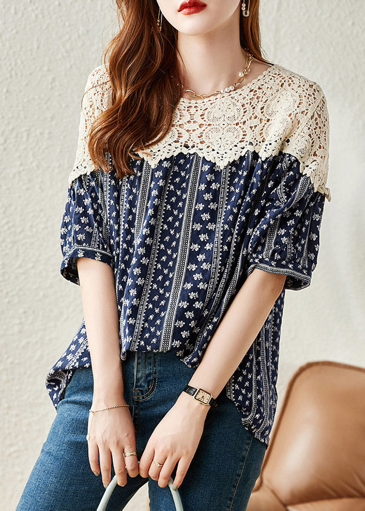 Navy O-neck Print Lace Patchwork Shirt Summer