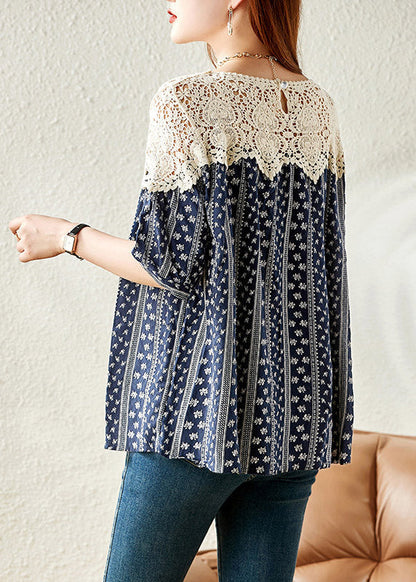 Navy O-neck Print Lace Patchwork Shirt Summer