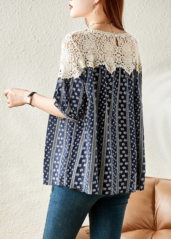 Navy O-neck Print Lace Patchwork Shirt Summer