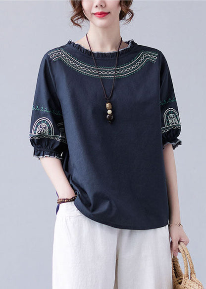 Navy Original Design Ruffled Embroideried Cotton Top Lantern Sleeve