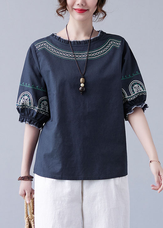 Navy Original Design Ruffled Embroideried Cotton Top Lantern Sleeve