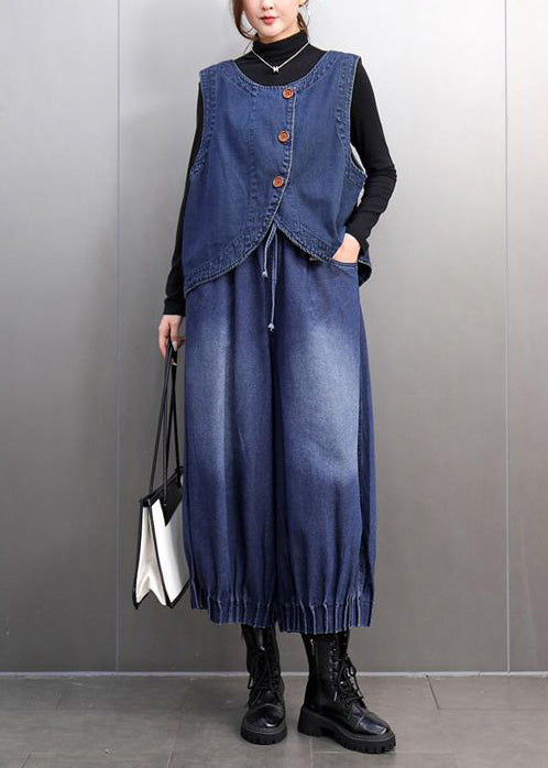 Navy Oversized Denim Vests and Harem Pants Two Pieces Set Summer
