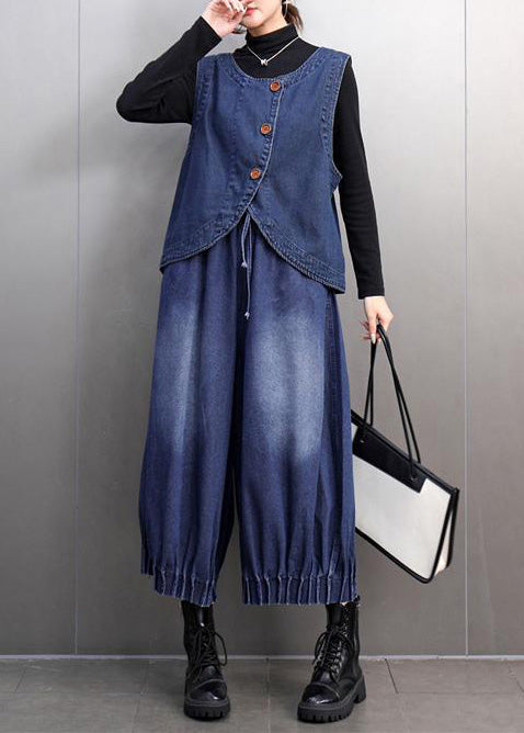 Navy Oversized Denim Vests and Harem Pants Two Pieces Set Summer