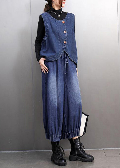 Navy Oversized Denim Vests and Harem Pants Two Pieces Set Summer