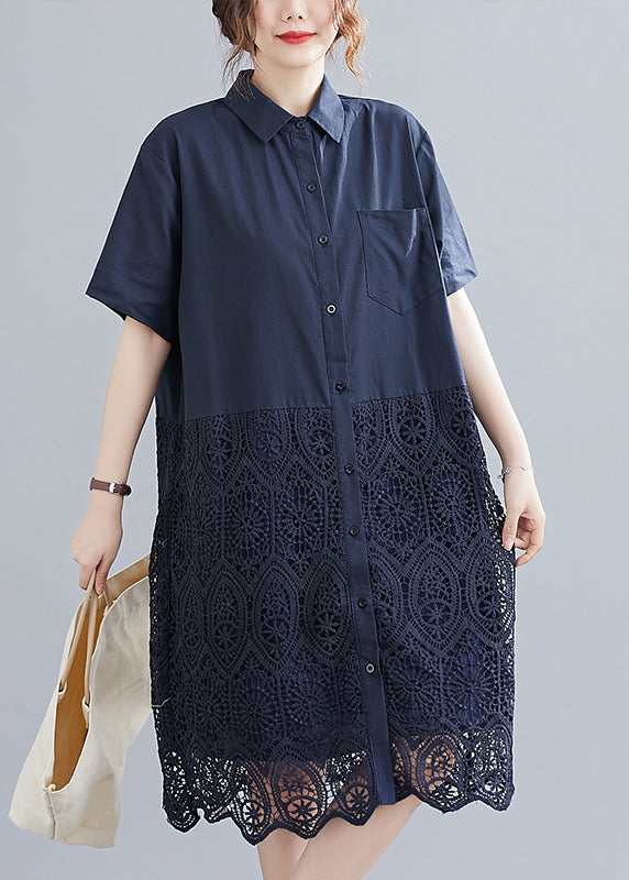 Navy Peter Pan Collar Button Lace Patchwork Hollow Out Shirt Dress Short Sleeve