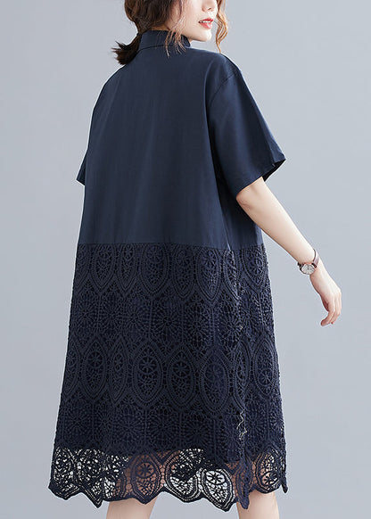 Navy Peter Pan Collar Button Lace Patchwork Hollow Out Shirt Dress Short Sleeve