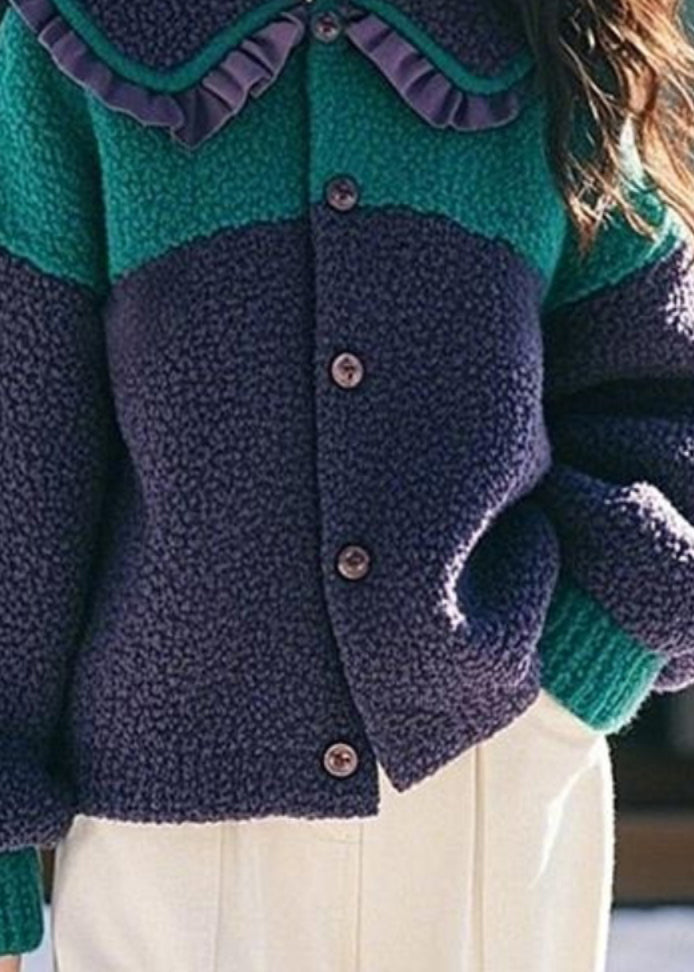 Navy Peter Pan Collar Ruffled Button Faux Fur Coat Spring