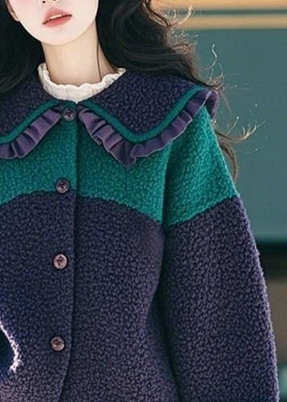 Navy Peter Pan Collar Ruffled Button Faux Fur Coat Spring