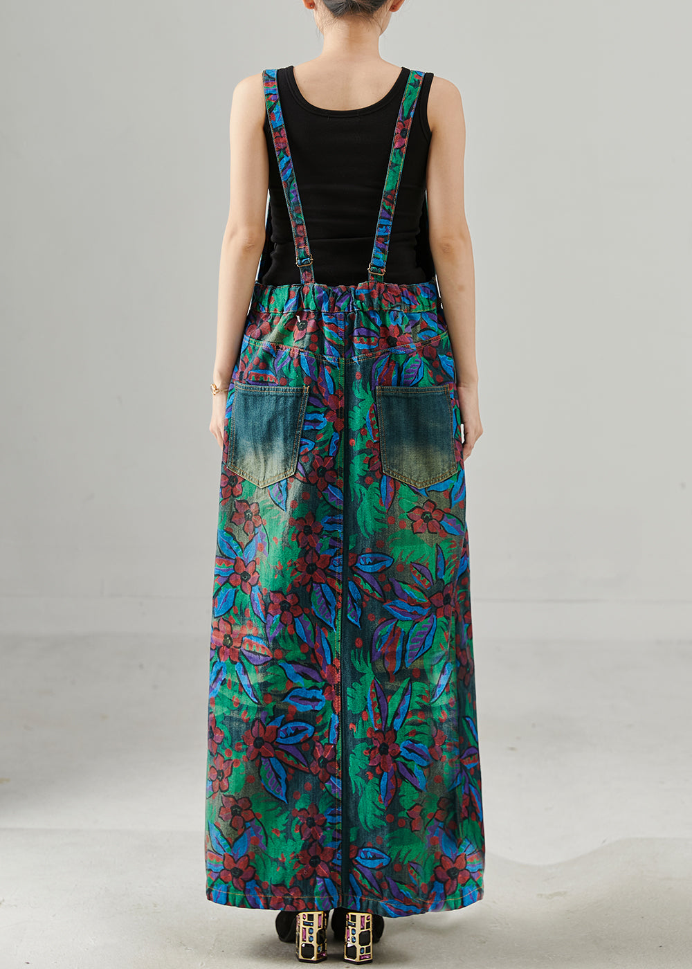 Navy Print Denim Overalls Dress Fall