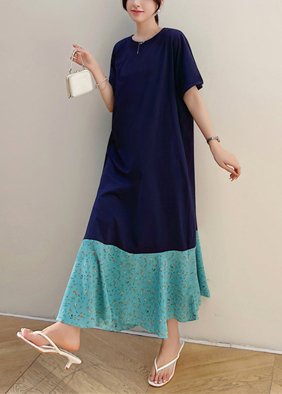 Navy Print Patchwork Fake Two Pieces Maxi Dresses Short Sleeve
