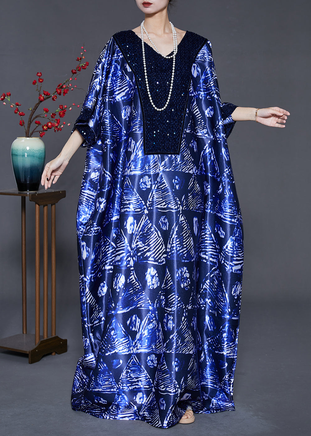 Navy Sequins Print Silk Long Dress Batwing Sleeve