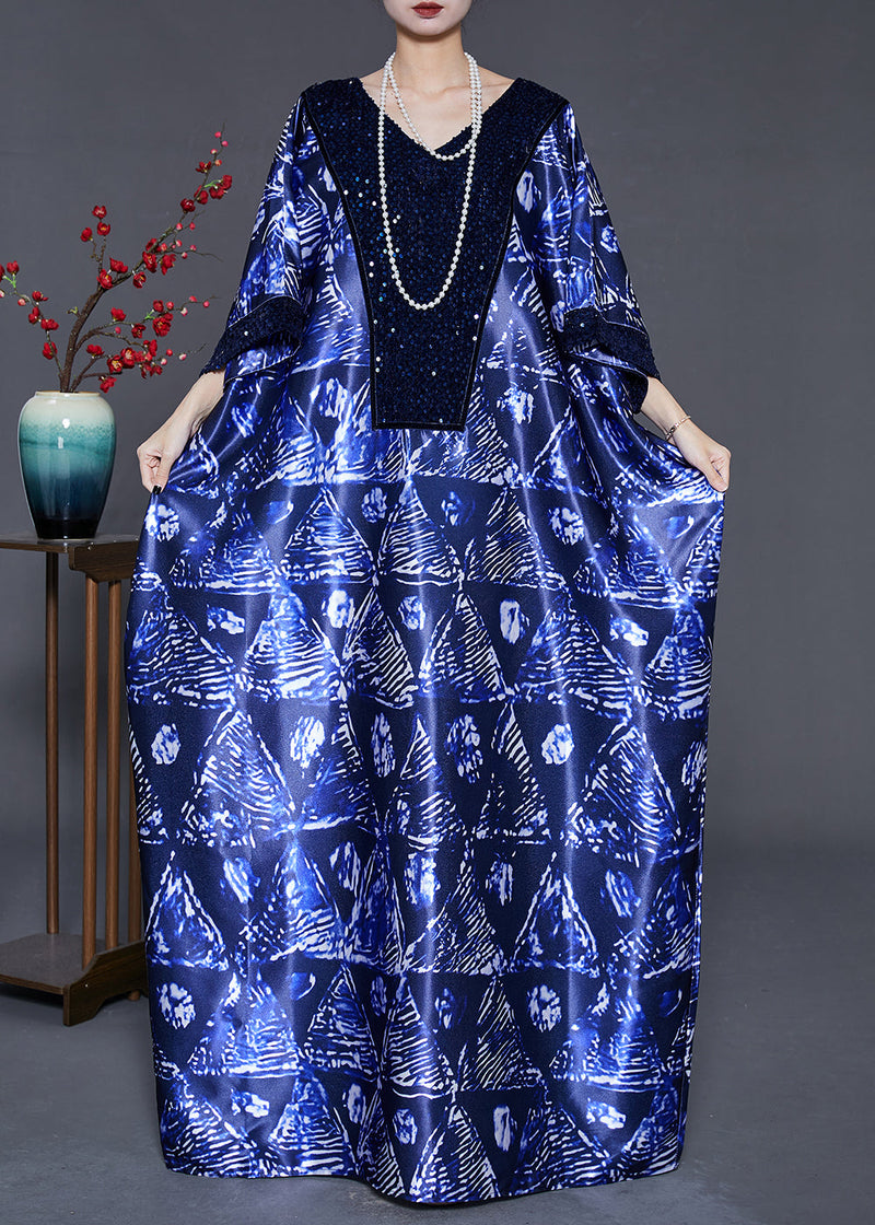 Navy Sequins Print Silk Long Dress Batwing Sleeve
