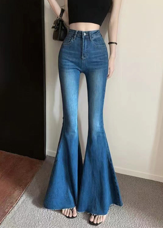 Navy Tummy Control Denim Bell-bottom Trousers Spring