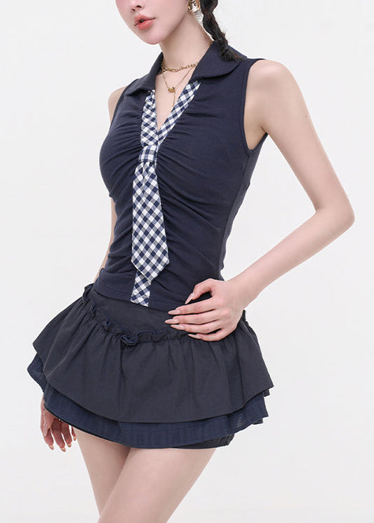 Navy V Neck Patchwork Cotton T Shirt Tops Sleeveless