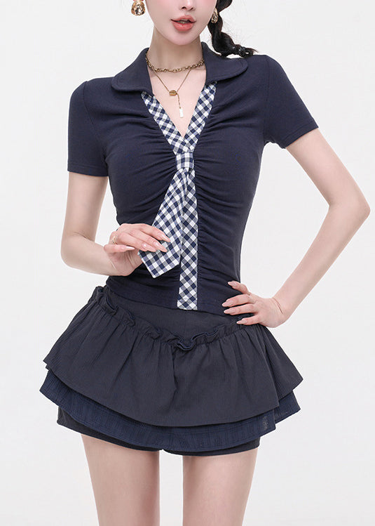 Navy V Neck Patchwork Cotton T Shirt Tops Sleeveless
