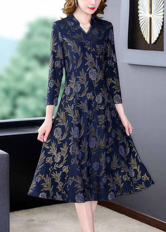 Navy V Neck Print Slim Fit Long Dresses Bracelet Sleeve