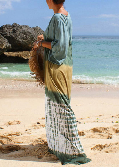 Neck Tie Print Long Beach Dress Short Sleeve