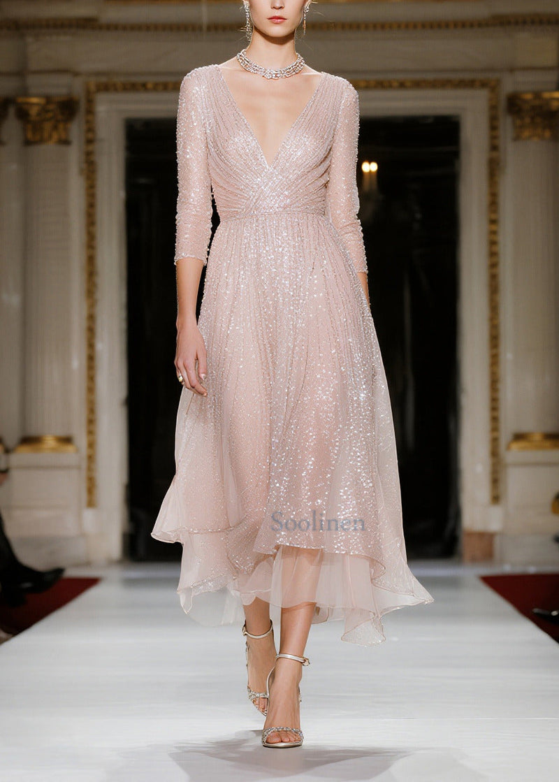 Nude Sequins V Neck Tulle Vacation Dresses Summer