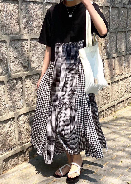 Green Print O-neck Asymmetrical Plaid Mosaic Dress